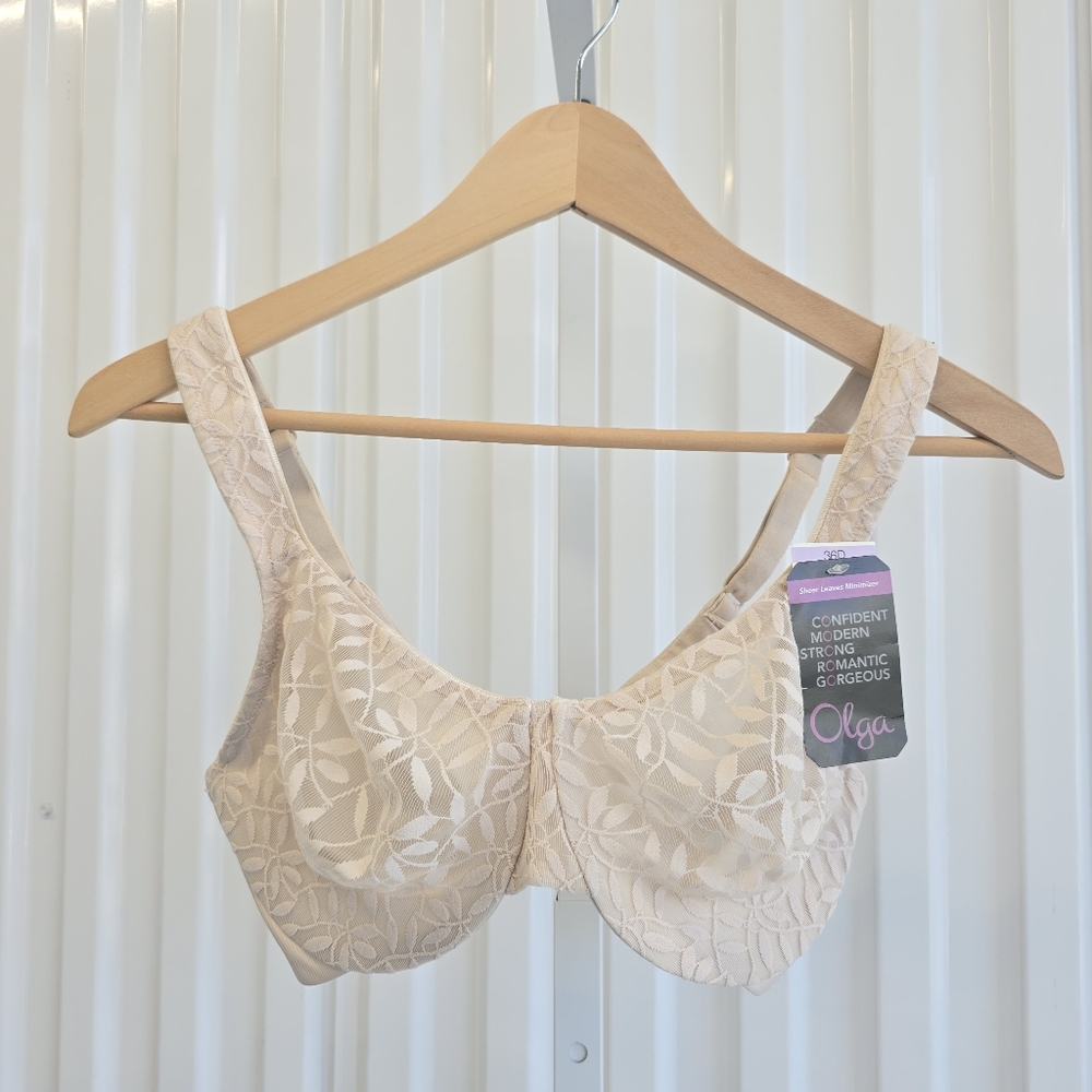 Olga Bra Minimizer 36D Nude Sheer Leaves Underwire Minimizer Style # 35519 NWT